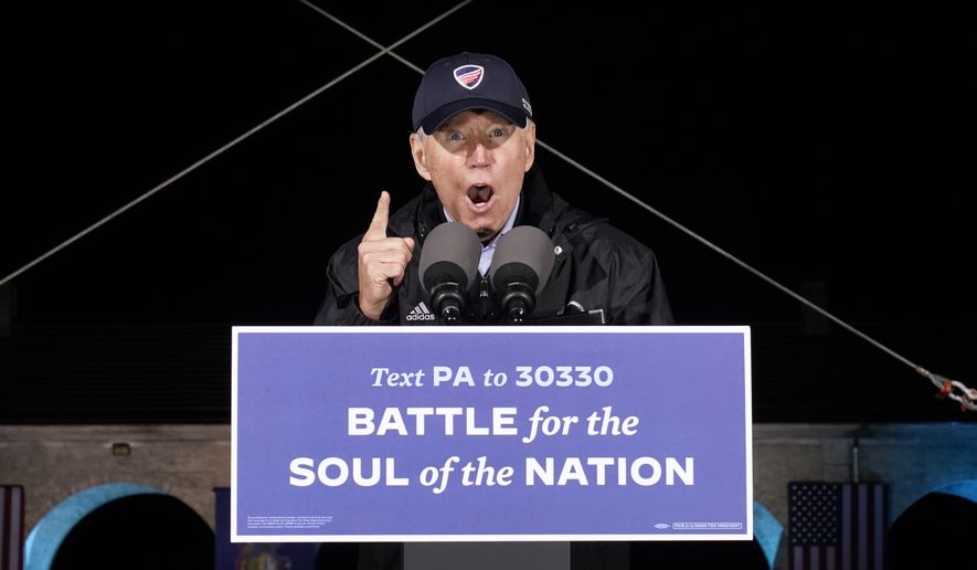 Democratic presidential candidate former Vice President Joe Biden speaks at a rally at Franklin Delano Roosevelt Park, Sunday, Nov. 1, 2020, in Philadelphia. (AP Photo/Andrew Harnik)