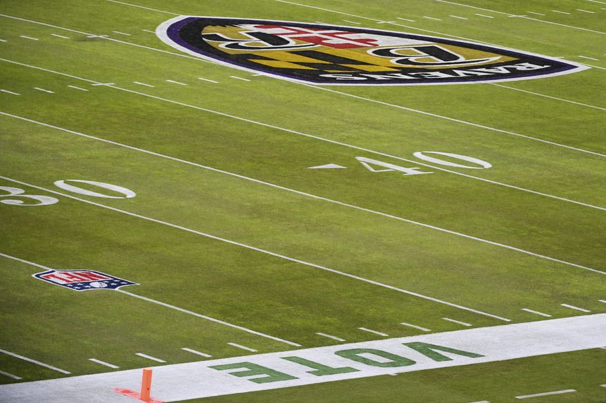 Vote is painted on the sidelines at M&T Bank Stadium before an NFL football game between the Baltimore Ravens and the Pittsburgh Steelers, Sunday, Nov. 1, 2020, in Baltimore. (AP Photo/Terrance Williams)