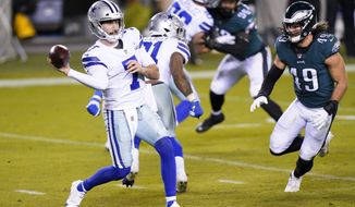 Dallas Cowboys&#39; Ben DiNucci passes during the first half of an NFL football game against the Philadelphia Eagles, Sunday, Nov. 1, 2020, in Philadelphia. (AP Photo/Chris Szagola)
