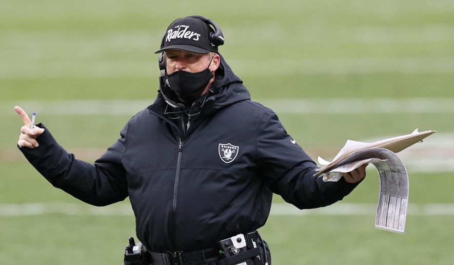 Las Vegas Raiders head coach Jon Gruden reacts during the second half of an NFL football game against the Cleveland Browns, Sunday, Nov. 1, 2020, in Cleveland. (AP Photo/Ron Schwane)
