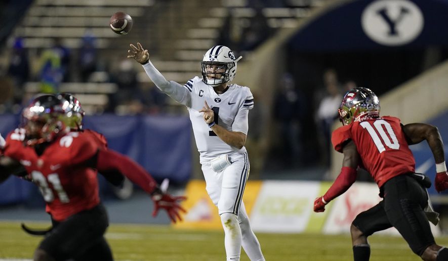 BYU quarterback Zach Wilson (1) throws a pass against Western Kentucky during the first half of an NCAA college football game Saturday, Oct. 31, 2020, in Provo, Utah. (AP Photo/Rick Bowmer, Pool)