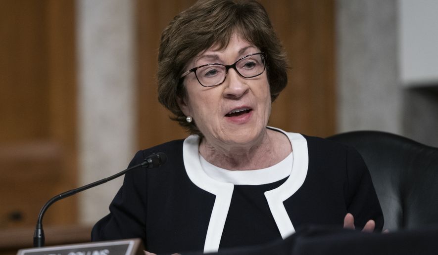 In this Sept. 23, 2020, photo, Sen. Susan Collins, R-Maine, speaks during a hearing on COVID-19 on Capitol Hill in Washington. (Alex Edelman/Pool via AP) **FILE**
