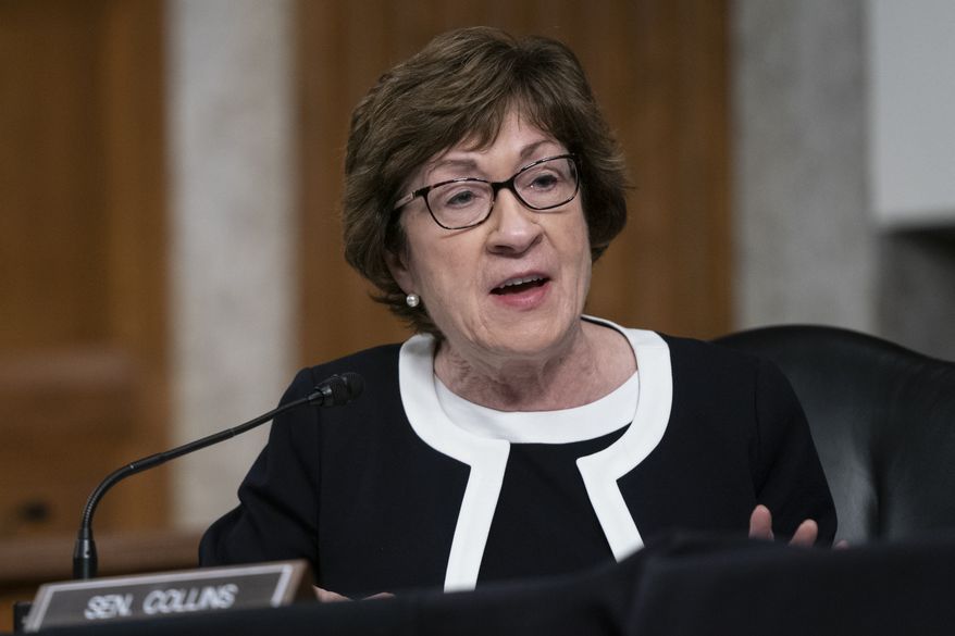 In this Sept. 23, 2020, photo, Sen. Susan Collins, R-Maine, speaks during a hearing on COVID-19 on Capitol Hill in Washington. (Alex Edelman/Pool via AP) **FILE**