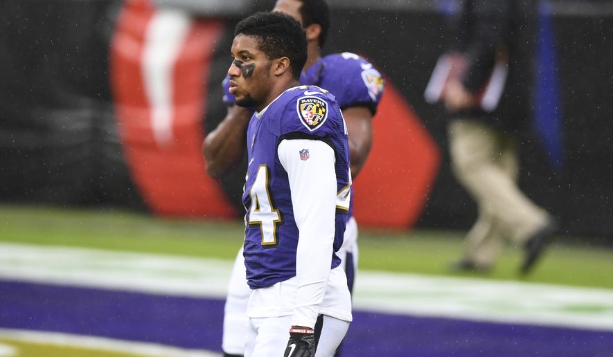 Baltimore Ravens cornerback Marlon Humphrey (44) looks on before an NFL football game against the Pittsburgh Steelers, Sunday, Nov. 1, 2020, in Baltimore. (AP Photo/Terrance Williams) **FILE**