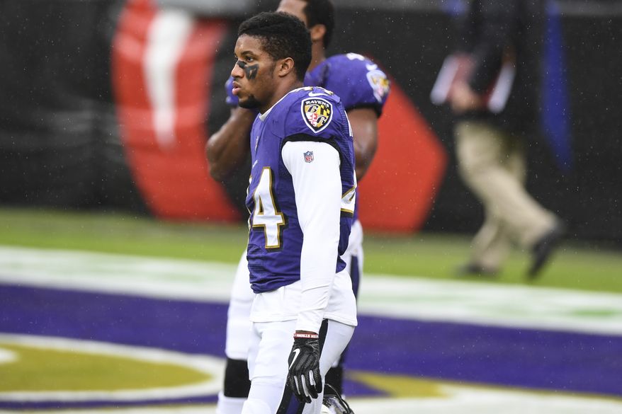 Baltimore Ravens cornerback Marlon Humphrey (44) looks on before an NFL football game against the Pittsburgh Steelers, Sunday, Nov. 1, 2020, in Baltimore. (AP Photo/Terrance Williams) **FILE**