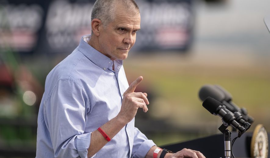 FILE - In this Sept. 14, 2020, file photo, Montana state auditor Matt Rosendale addresses the crowd during a Republican campaign rally in Belgrade, Mont. The Republican is running against Democrat Kathleen Williams for Montana's sole U.S. House seat. (AP Photo/Tommy Martino, File)