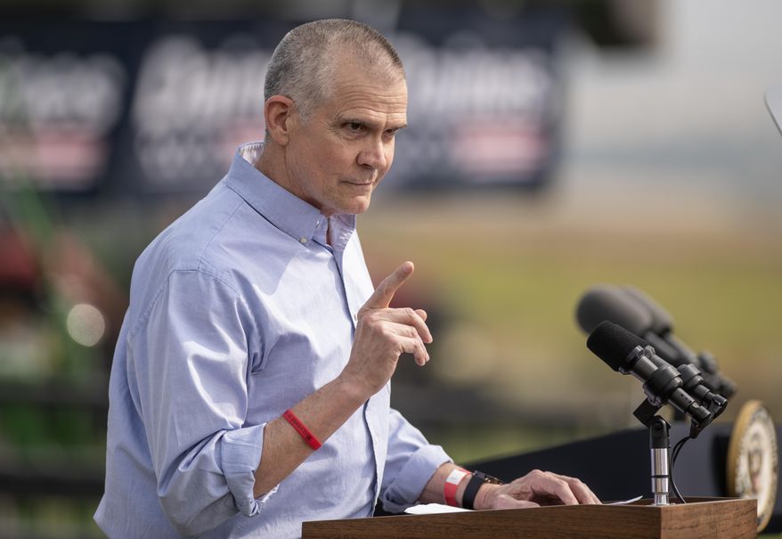 FILE - In this Sept. 14, 2020, file photo, Montana state auditor Matt Rosendale addresses the crowd during a Republican campaign rally in Belgrade, Mont. The Republican is running against Democrat Kathleen Williams for Montana's sole U.S. House seat. (AP Photo/Tommy Martino, File)