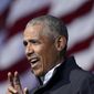 Former President Barack Obama speaks at a rally as he campaigns for Democratic presidential candidate former Vice President Joe Biden, Monday, Nov. 2, 2020, at Turner Field in Atlanta. (AP Photo/Brynn Anderson)