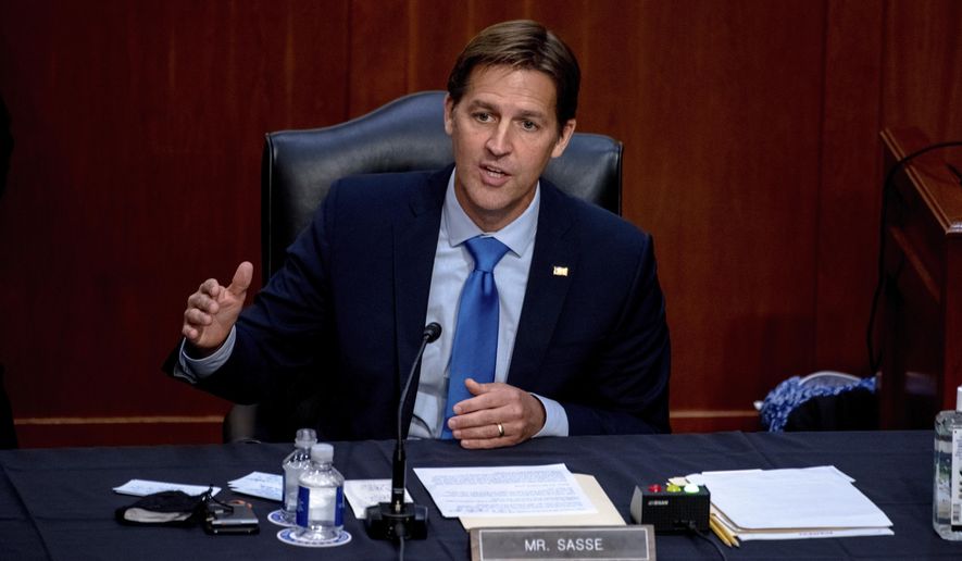 FILE - In this Oct. 14, 2020 file photo, Sen. Ben Sasse, R-Neb., speaks during the confirmation hearing for Supreme Court nominee Amy Coney Barrett, before the Senate Judiciary Committee on Capitol Hill in Washington. The Republican incumbent is running for reelection. (Hilary Swift/The New York Times via AP, Pool, File)