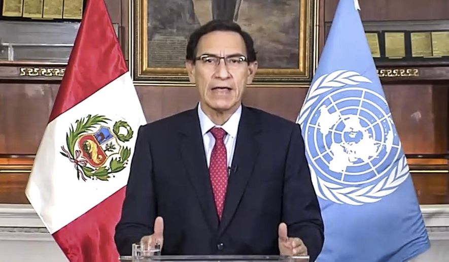 In this image made from UNTV video, Peru President Martín Vizcarra Cornejo speaks in a pre-recorded message which was played during the 75th session of the United Nations General Assembly, Tuesday, Sept. 22, 2020, at U.N. headquarters in New York. The U.N.&#x27;s first virtual meeting of world leaders started Tuesday with pre-recorded speeches from some of the planet&#x27;s biggest powers, kept at home by the coronavirus pandemic that will likely be a dominant theme at their video gathering this year. (UNTV via AP)