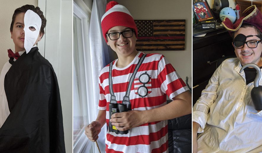 In this combination of photos provided by Meredith Christensen-Houghtelling, her son, Logan Houghtelling, dresses in a variety of costumes, from The Phantom of the Opera on Sept. 29, 2020, to Where's Waldo on Sept. 17 and a pirate on Oct. 13 in San Lorenzo, Calif. Houghtelling began dressing up to make his fellow classmates and teachers smile as they all started virtual learning. (Meredith Christensen-Houghtelling via AP)