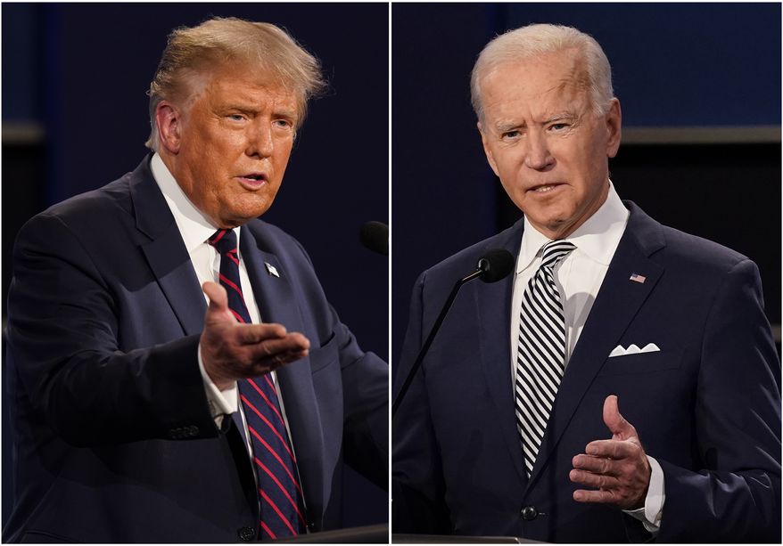 This combination of Sept. 29, 2020, file photos shows President Donald Trump, left, and former Vice President Joe Biden during the first presidential debate at Case Western University and Cleveland Clinic, in Cleveland, Ohio. (AP Photo/Patrick Semansky, File)