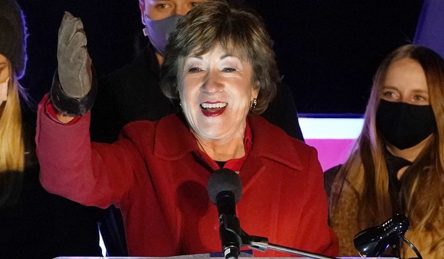 Incumbent Republican Sen. Susan Collins, R-Maine, speaks to supporters during an Election Night gathering, Tuesday, Nov. 3, 2020, in Bangor, Maine. (AP Photo/Robert F. Bukaty)