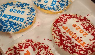 Cookies representing the campaigns of President Trump and rival Joseph R. Biden. (image courtesy Lochel&#39;s Bakery) 