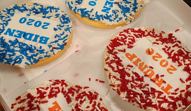 Cookies representing the campaigns of President Trump and rival Joseph R. Biden. (image courtesy Lochel&#x27;s Bakery) 