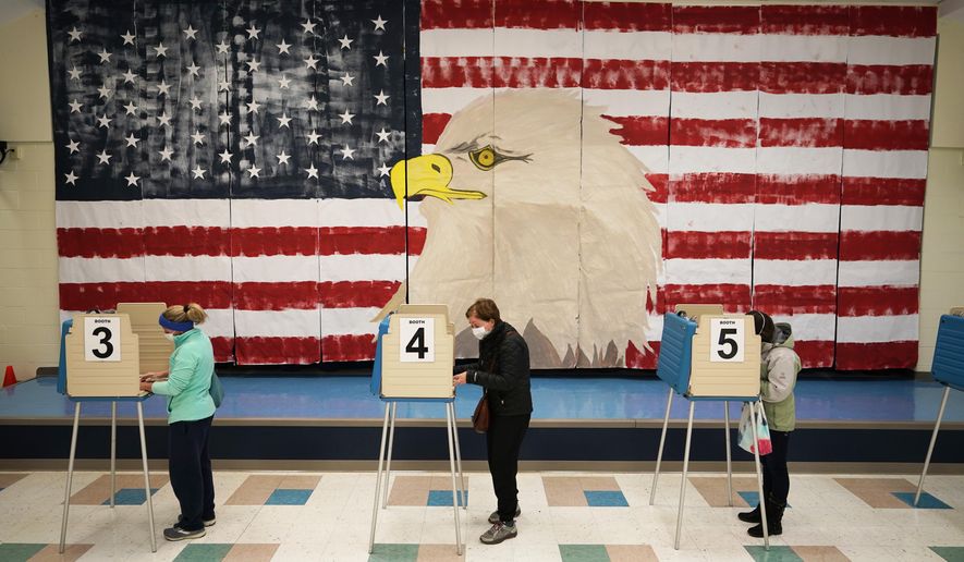 Voters cast their ballots under a giant mural at Robious Elementary school on Election Day, in Midlothian, Va., Tuesday Nov. 3, 2020. (AP Photo/Steve Helber)