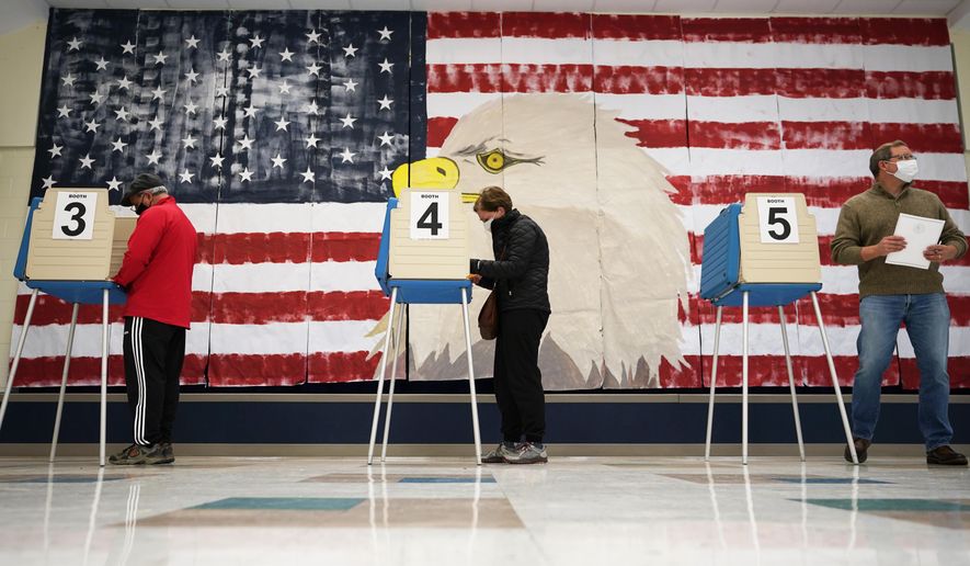 CORRECTS MONTH TO NOVEMBER Voters cast their ballots under a giant mural at Robious Elementary school in Midlothian, Va., Tuesday Nov. 3, 2020. Poll workers said that traffic was slow due to all the early voting in the precinct. (AP Photo/Steve Helber)