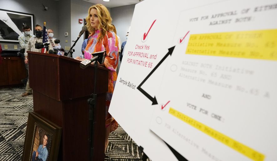 FILE - In this Tuesday, Oct. 27, 2020, file photo, Angie Calhoun of Madison, speaks about her son Austin, in the photo below the lectern, having to move to Colorado when he was 19 for medical marijuana treatment because treatment for his chronic conditions including focal seizures, severe joint pain and nausea then required his taking 17 prescriptions including opioids, during a Initiative 65 rally in Ridgeland, Miss. Initiative 65 would amend the Mississippi Constitution to allow the prescription by a doctor of up to 5 ounces (142 grams) of marijuana per month for people who suffer from more than 20 medical conditions. The state lawmakers are offering a more restrictive measure as an alternative. (AP Photo/Rogelio V. Solis, File)