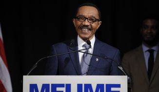In this April 28, 2020 file photo, Democrat Kweisi Mfume reacts while speaking to reporters during an election night news conference after he won the 7th Congressional District special election, in Baltimore. (AP Photo/Julio Cortez, File). **FILE**