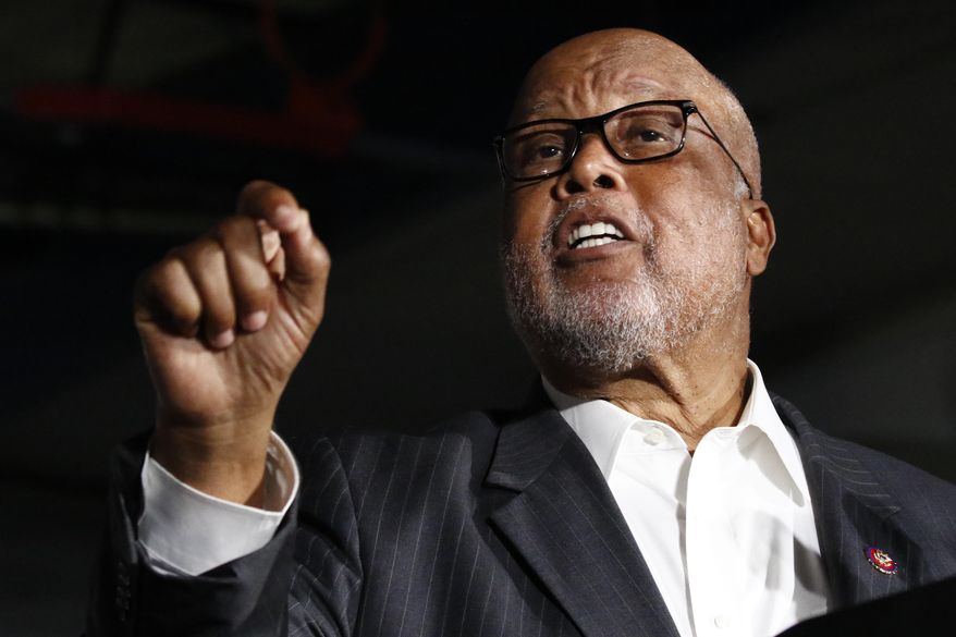 In this March 8, 2020, photo, U.S. Rep. Bennie Thompson, D-Miss., expresses the need for a new president, at a rally in Tougaloo, Miss., for Democratic presidential candidate and former Vice President Joe Biden. (AP Photo/Rogelio V. Solis) **FILE**