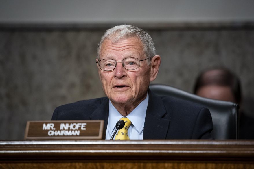 FILE - In this May 7, 2020 file photo, Senate Armed Services Chairman James Inhofe, R-Okla, questions Kenneth Braithwaite, nominated to be Secretary of the Navy, during a Senate Armed Services Committee hearing on Capitol Hill in Washington. The incumbent Republican is running for reelection. (Al Drago/Pool via AP, File)