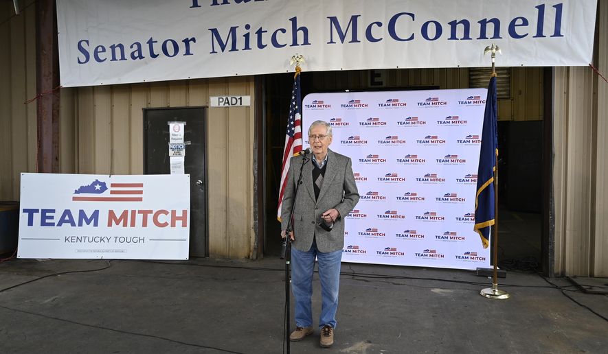 Senate Majority Leader Mitch McConnell, R-Ky., speaks to a gathering of supporters in Lawrenceburg, Ky., Wednesday, Oct. 28, 2020. (AP Photo/Timothy D. Easley)