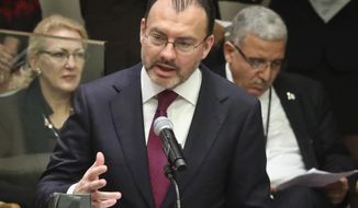 FILE - In this Sept. 26, 2018 file photo, Mexico&#39;s Foreign Minister Luis Videgaray address a meeting to promote the elimination of nuclear weapons, during the United Nations General Assembly at U.N. headquarters. Mexican President Andrés Manuel López Obrador confirmed on Tuesday, Nov. 3, 2020 that federal prosecutors tried to get an arrest warrant for Videgaray, but said a judge rejected the request. (AP Photo/Bebeto Matthews, File)