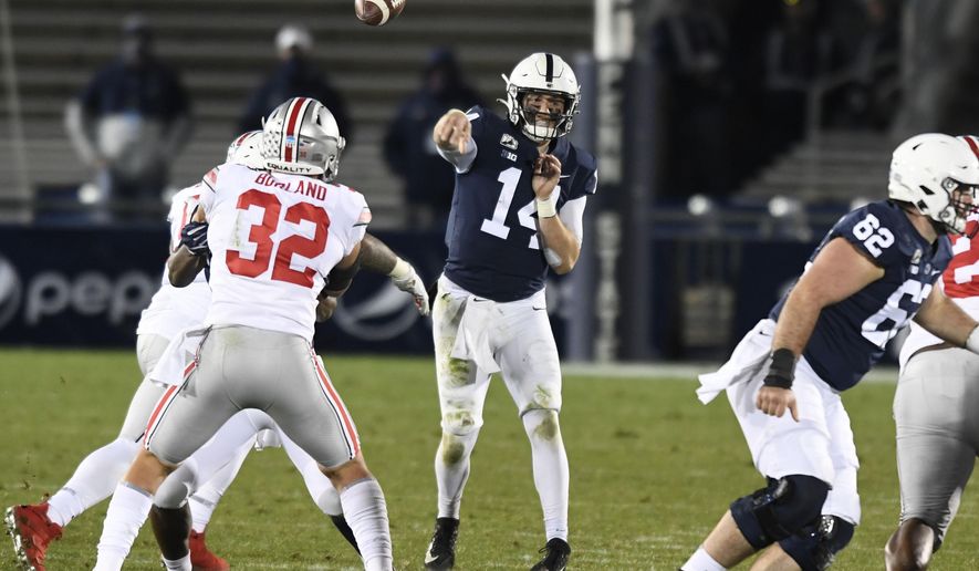 Penn State quarterback Sean Clifford (14) throws a pass against Ohio State during the third quarter of an NCAA college football game in State College, Pa., Saturday, Oct. 31, 2020. Ohio State won 38-25. (AP Photo/Barry Reeger)