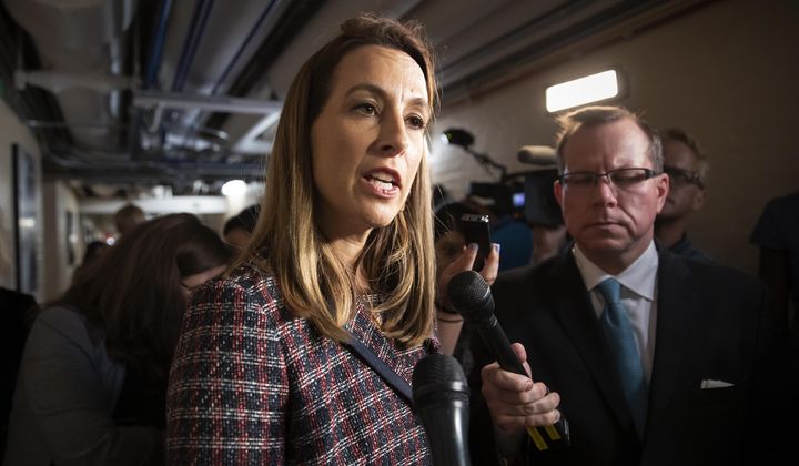 In this file photo, Rep. Mikie Sherrill, D-N.J., talks to reporters, Tuesday Sept. 24, 2019, on Capitol in Washington. (AP Photo/J. Scott Applewhite, File)  **FILE**