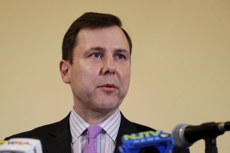 In this Tuesday Jan. 15, 2019, file photo, New Jersey Senate Minority Leader Tom Kean Jr., R-Westfield, addresses reporters, in Trenton, N.J. Kean will challenge incumbent Democrat Tom Malinowski for New Jersey's 7th Congressional District in the 2020 election. (AP Photo/Julio Cortez, File)