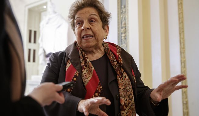 FILE - In this March 12, 2020, file photo Rep. Donna Shalala, D-Fla., speaks to media on Capitol Hill in Washington about the coronavirus outbreak. Four of the five members of the Congressional Oversight Commission have been appointed, but House Speaker Nancy Pelosi and Senate Majority Leader Mitch McConnell have not agreed on who should chair the panel. Shalala is one of the oversight panel&#x27;s four members. (AP Photo/Carolyn Kaster, File)