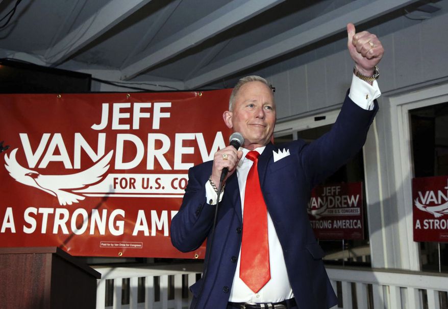 Congressional candidate Jeff Van Drew raises a thumbs-up toward supporters in Sea Isle City, N.J., Tuesday, Nov. 3, 2020. (Vernon Orgodnek/The Press of Atlantic City via AP)