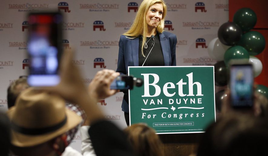 In this file photo, Republican Beth Van Duyne who ran for U.S. House to represent Texas&#39; 24th Congressional District, delivers her acceptance speech to supporters attending the Tarrant County GOP election watch party at the Hurst Conference Center in Hurst, Texas, Tuesday, Nov. 3, 2020. Van Duyne ran against Democrat Candace Valenzuela, who conceded the race to Ms. Van Duyne on Tuesday, Nov. 10. (Tom Fox/The Dallas Morning News via AP)  **FILE**