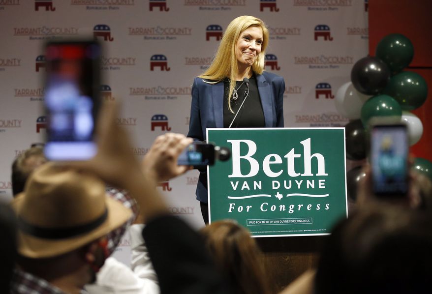 In this file photo, Republican Beth Van Duyne who ran for U.S. House to represent Texas' 24th Congressional District, delivers her acceptance speech to supporters attending the Tarrant County GOP election watch party at the Hurst Conference Center in Hurst, Texas, Tuesday, Nov. 3, 2020. Van Duyne ran against Democrat Candace Valenzuela, who conceded the race to Ms. Van Duyne on Tuesday, Nov. 10. (Tom Fox/The Dallas Morning News via AP) **FILE**