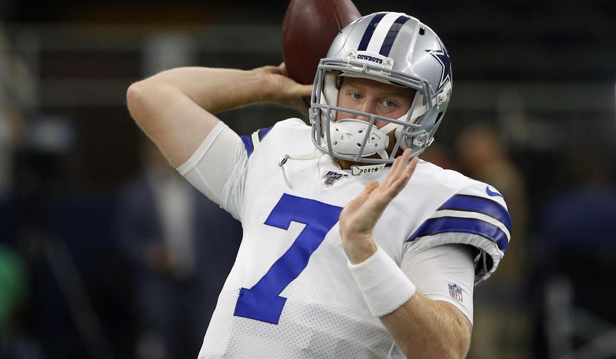 FILE - In this Aug. 29, 2019, file photo, Dallas Cowboys' Cooper Rush warms up before a preseason NFL football game against the Tampa Bay Buccaneers in Arlington, Texas. The Cowboys will have their fourth different starting quarterback of the season against undefeated Pittsburgh with Andy Dalton unavailable because of COVID-19 protocols. Coach Mike McCarthy said Wednesday he was benching rookie Ben DiNucci in favor of either Garrett Gilbert or Cooper Rush. Gilbert and Rush will compete for the job in practice, and one will start Sunday at home against the Steelers (7-0). (AP Photo/Ron Jenkins, File)