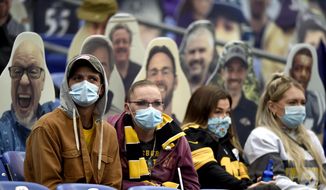  In this Nov. 1, 2020, file photo, specators wear a face masks to protect against COVID-19 during the first half of an NFL football game between the Baltimore Ravens and the Pittsburgh Steelers, in Baltimore. A new set of rules are coming in just about every sport, almost all with enhanced health and safety in mind. If they work, games could get out of bubbles and return to arenas and stadiums with some fans in attendance sometime soon. Perhaps more importantly, they could also provide some common-sense solutions to virus issues in the real world.(AP Photo/Gail Burton, File)  **FILE**