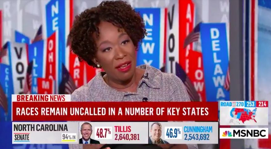 MSNBC host Joy Reid said Wednesday that the still-undecided presidential election proves America is still fraught with racism and &quot;anti-Blackness.&quot; (Screenshot via MSNBC) ** FILE **