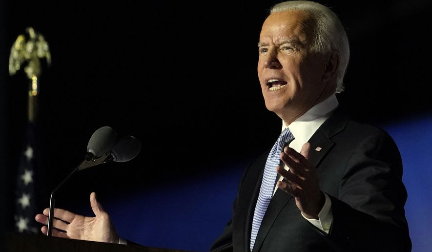 President-elect Joe Biden speaks, Saturday, Nov. 7, 2020, in Wilmington, Del. (AP Photo/Andrew Harnik)