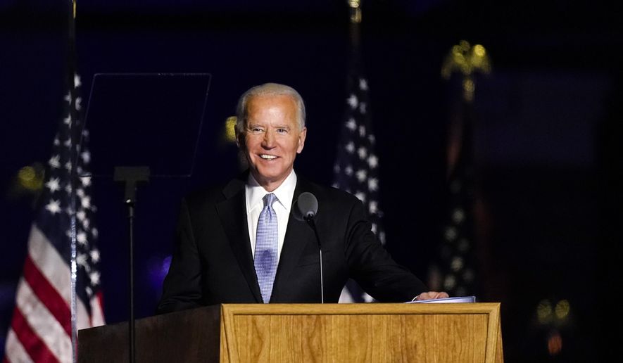 Presumptive President-elect Joe Biden speaks Saturday, Nov. 7, 2020, in Wilmington, Del. (AP Photo/Andrew Harnik)  **FILE**