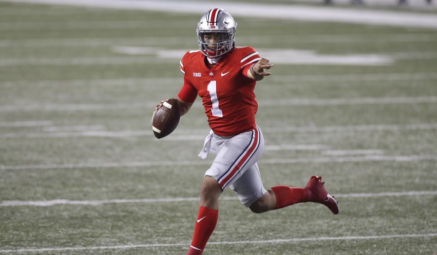 Ohio State quarterback Justin Fields looks for an open receiver during the second half of the team's NCAA college football game against Rutgers on Saturday, Nov. 7, 2020, in Columbus, Ohio. Ohio State won 49-27. (AP Photo/Jay LaPrete) **FILE**