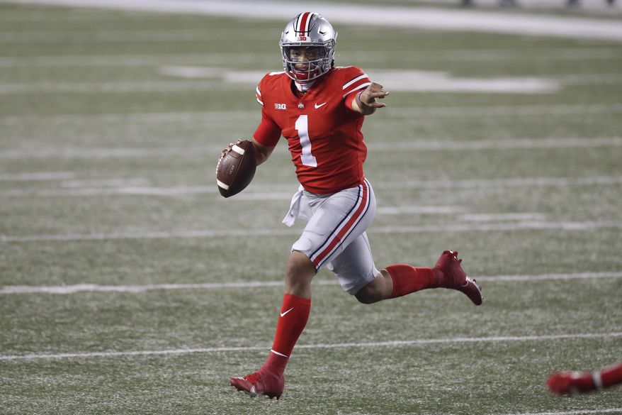 Ohio State quarterback Justin Fields looks for an open receiver during the second half of the team's NCAA college football game against Rutgers on Saturday, Nov. 7, 2020, in Columbus, Ohio. Ohio State won 49-27. (AP Photo/Jay LaPrete) **FILE**