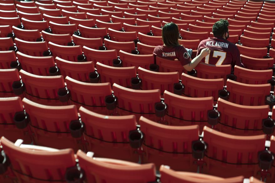 Fans take their seat at FedEx Field before the start of an NFL football game between the New York Giants and Washington Football Team, Sunday, Nov. 8, 2020, in Landover, Md. (AP Photo/Patrick Semansky)