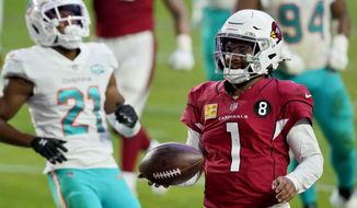 Arizona Cardinals quarterback Kyler Murray (1) runs for a touchdown as Miami Dolphins free safety Eric Rowe (21) defends during the second half of an NFL football game, Sunday, Nov. 8, 2020, in Glendale, Ariz. (AP Photo/Ross D. Franklin)
