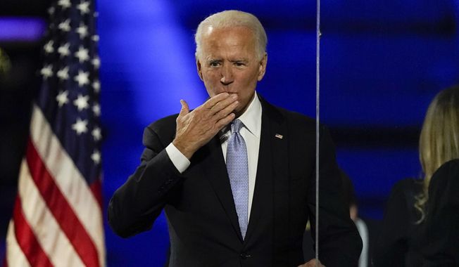 President-elect Joe Biden speaks blows a kiss to supporters Saturday, Nov. 7, 2020, in Wilmington, Del. (AP Photo/Andrew Harnik)