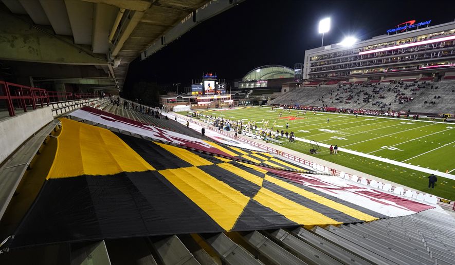 Empty stands are seen prior to NCAA college football game between Maryland and Minnesota, Friday, Oct. 30, 2020, in College Park, Md. (AP Photo/Julio Cortez) **FILE**