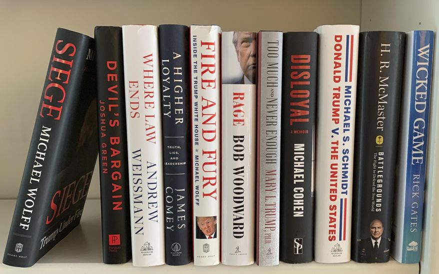 A collection of books about President Donald Trump, from left, &amp;quot;Siege&amp;quot; by Michael Wolff, &amp;quot;Devil&#39;s Bargain&amp;quot; by Joshua Green, &amp;quot;Where Law Ends&amp;quot; by Andrew Weissmann, &amp;quot;A Higher Loyalty: Truth, Lies, and Leadership&amp;quot; by James Comey, &amp;quot;Fire and Fury: Inside the Trump White House&amp;quot; by Michael Wolff, &amp;quot;Rage&amp;quot; by Bob Woodward, &amp;quot;Too Much and Never Enough&amp;quot; by Mary L. Trump, &amp;quot;Disloyal&amp;quot; by Michael Cohen, &amp;quot;Donald Trump V. The United States&amp;quot; by Michael S. Schmidt, &amp;quot;Battlegrounds: The Fight to Defend the Free World&amp;quot; by H. R. McMaster and &amp;quot;Wicked Game&amp;quot; by Rick Gates appear on a shelf in Westchester County, N.Y. on Monday, Nov. 9, 2020. One of publishing&#39;s most thriving genres of the past four years, books Trump, is not going to end when he leaves office. In 2021 look for waves of releases about the Trump administration and about the president&#39;s loss to Democratic candidate Joe Biden. (AP Photo)