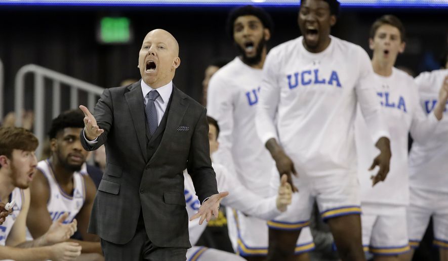 FILE - In this Thursday, Feb. 13, 2020, file photo, UCLA coach Mick Cronin argues a call during the second half of the team's NCAA college basketball game against Washington State, in Los Angeles. Cronin earned Pac-12 coach of the year honors for the 2019-20 season. (AP Photo/Marcio Jose Sanchez, File)