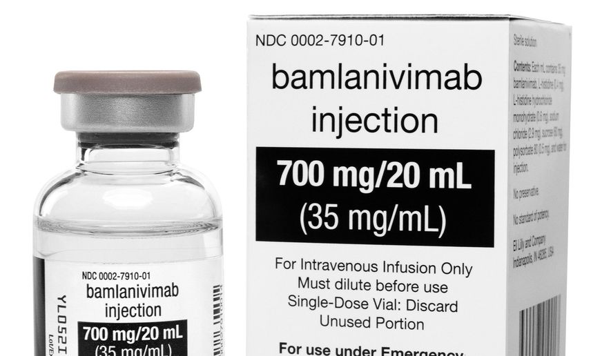 This photo provided by Eli Lilly shows the drug bamlanivimab. On Monday, Nov. 9, 2020, the Food and Drug Administration cleared emergency use of bamlanivimab, the first antibody drug to help the immune system fight COVID-19. The drug is for people 12 and older with mild or moderate COVID-19 not requiring hospitalization. (Courtesy of Eli Lilly via AP)