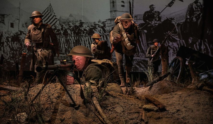 As visitors emerge from the trench-like entrance of the Nation Overseas Gallery, cast figures, lighting effects, imagery, and sounds of distant battle recreate a settingþÄîbased on a famous photograph of the Meuse-Argonne Offensive. Viewed atop a glass and steel bridge, splintered trees and advancing American Soldiers maneuver amidst the battle wreckage. The film shown here plunges visitors into scenes of trench warfare and relays the U.S. ArmyþÄôs contributions to the war effort. Nearby a 1917 FT-17 tank, against a backdrop of recruiting posters, augments the experience. (National Museum of the United States Army Photo, Spc. Ian Miller)
