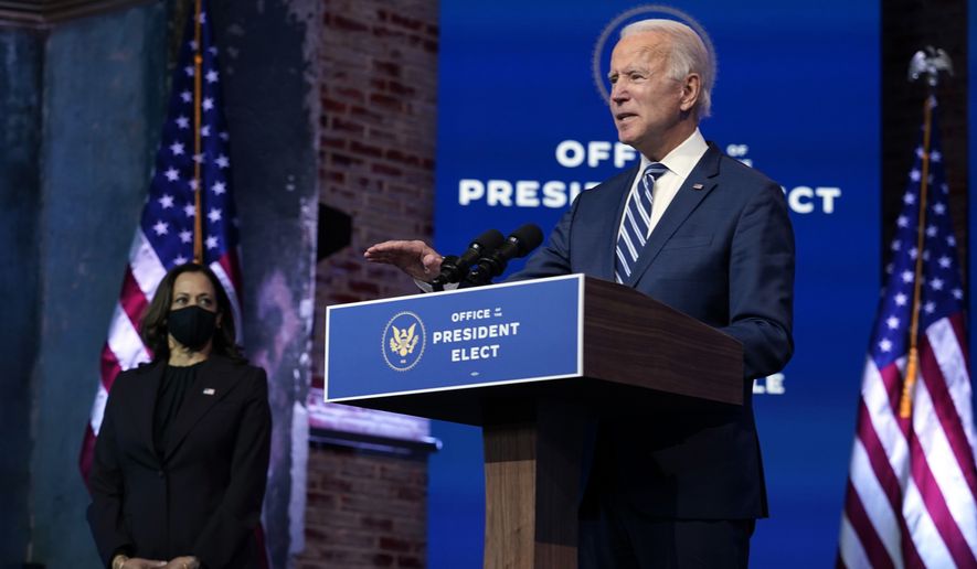 President-elect Joe Biden speaks Tuesday, Nov. 10, 2020, at The Queen theater in Wilmington, Del. (AP Photo/Carolyn Kaster)